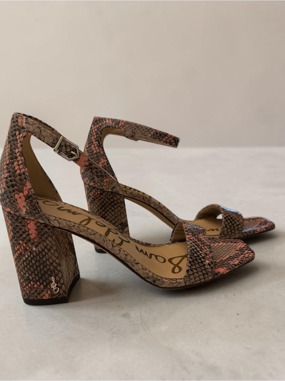 Sam Edelman Pink and Brown Snake-Print Block Heel Sandals - Picture 4 of 7